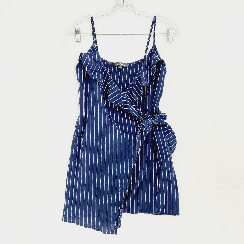 Lulu's Carnegie Navy Blue Striped Wrap Ruffle Summer Dress P6003 - Picture 2 of 7